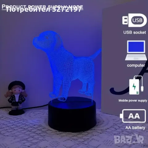 Холограмна 3D LED лампа Лабрадор,RGB Седемцветен Интелигентен Контрол,USB, снимка 10 - Настолни лампи - 49492953