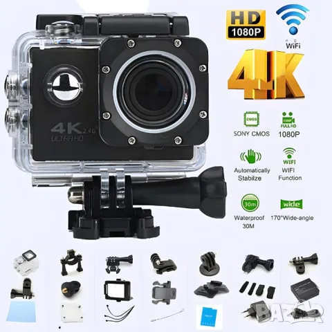 Водоустойчива спортна камера 4K с 2-инчов дисплей, снимка 4 - Аксесоари и консумативи - 55865564