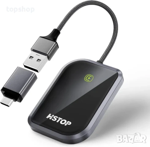 HSTOP Carplay Wireless адаптер, 2024г, USB-A към USB-C Plug and Play, iPhone ios10+ и Android 11+