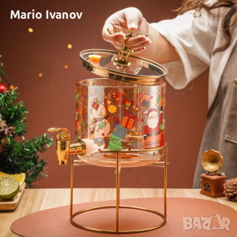 Стъклен диспенсър за напитки 2.6 L с коледен дизайн и златиста стойка, снимка 7 - Други стоки за дома - 52847235