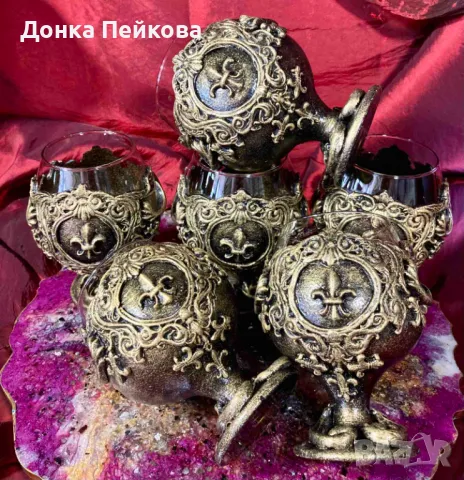 Ръчно изработен сервиз за коняк в старинно злато от 6 части, снимка 5 - Чаши - 48634672