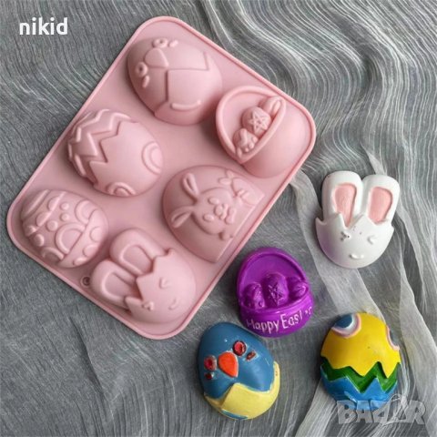 Великденски 6 големи яйце заек пиле силиконов молд форма фондан гипс шоколад декор сапун