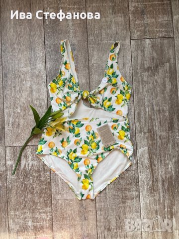Нов цял бързосъхнещ бански костюм етикет хигиенна лепенка принт лимони лимон wow 😮 , снимка 12 - Бански костюми - 41322844