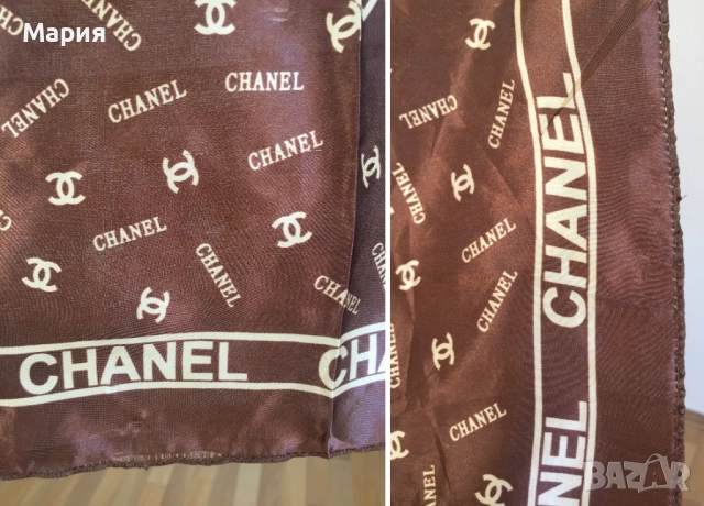 Дамски Квадратен Шал Кафяв Бежов / Кремав Полиестер Сатен Chanel Шанел Лого, снимка 17 - Шалове - 51822664