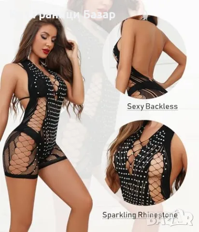 Ново Секси Дамски Боди Мрежа Ресни Блясък Черно Еднoразмерно за жени, снимка 2 - Други - 47622124