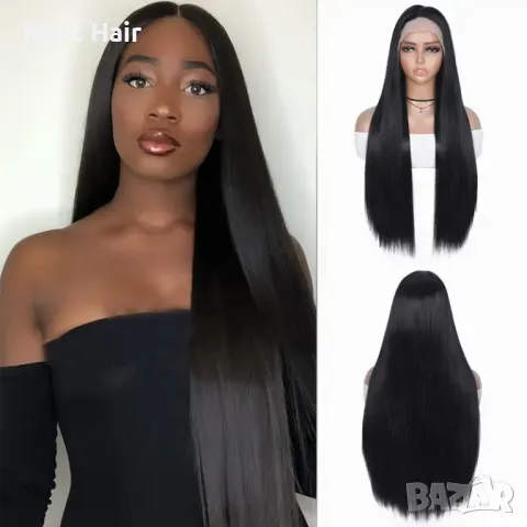 Черна висококачествена лейс фронт дълга права перука с дантела