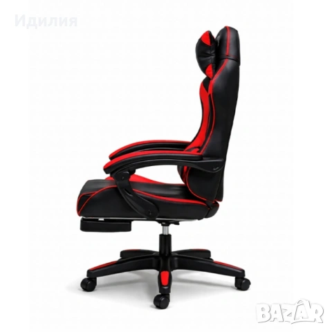 Удобен геймърски стол с поставка за крака и масажна лумбална възглавница, Черно-червен, снимка 7 - Столове - 53474394