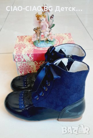 №28-№32 Кокетни Испански детски боти за момиче в тъмно синьо, лачени с цип и връзки, снимка 2 - Детски боти и ботуши - 34155516