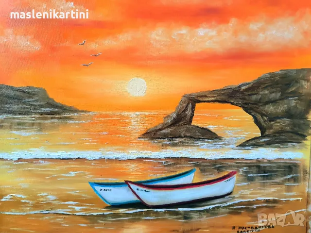 Морски залез,лодки и скали маслена картина , снимка 3 - Картини - 50233873