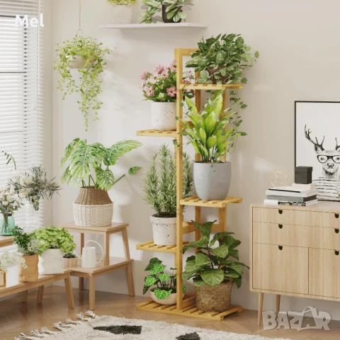 Бамбуков цветарник, поставка за растения, натурален цвят, пет нива, снимка 6 - Стайни растения - 50769035