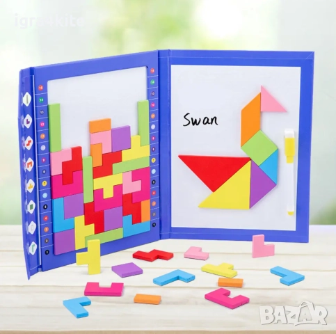 Две в Едно Дигитална Книга за Рисуване с Магнитен Дървен Тетрис и Танграм + Маркер, снимка 4 - Образователни игри - 52158132