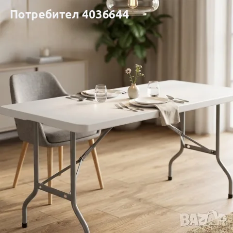 Сгъваема маса 153 х 74 х 74 см – бял HDPE плот и стоманена рамка за градина, тераса и събития, снимка 2 - Градински мебели, декорация  - 55849010