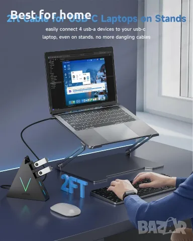 USB C хъб 4 порта JoyReken, USB C към USB хъб с удължен кабел 2 фута, адаптер тип C към USB , снимка 5 - Кабели и адаптери - 55884105