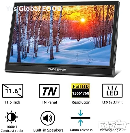 Thinlerain 11.6" портативен HDMI монитор, снимка 2 - Монитори - 53606179