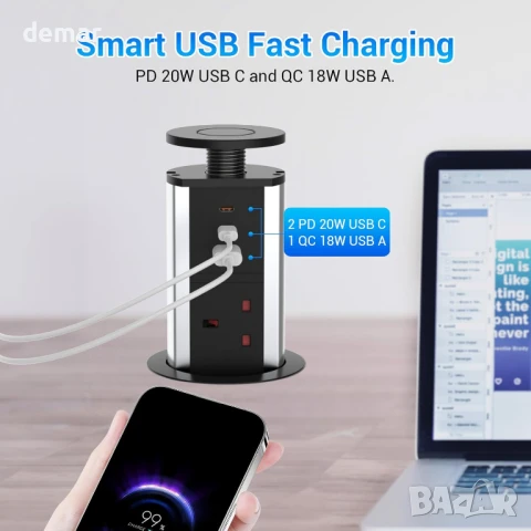 Hanstore Pop Up Socket Издърпващ се разклонител с 3 гнезда, 2 Type-C и 1 USB порт за зареждане, снимка 2 - Други стоки за дома - 50592850