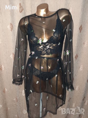 S/M Черна ефирна рокля с бродерия , снимка 2 - Рокли - 41707984