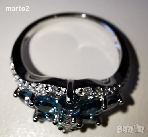 Елегантен сребърен 925 пръстен с родиево покритие и Натурални London Blue Топази и Циркони!, снимка 8 - Пръстени - 42381089