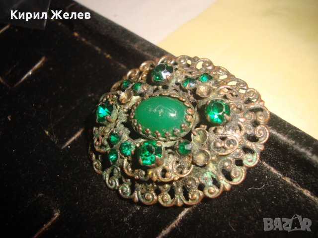 СТАРИННА АРТ ДЕКО БРОНЗОВА ПОСРЕБРЕНА СКЪПОЦЕННА БРОШКА с ПЕРИДОТ-  ОЛИВИН и ЗЕЛЕН АХАТ 25073, снимка 2 - Антикварни и старинни предмети - 34529608