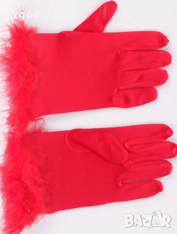 Червени сатенени къси ръкавици с пух