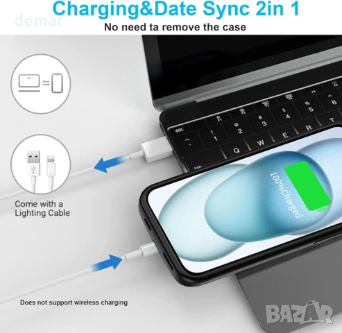 YISHDA калъф с батерия за iPhone 15 (6.1 инча), 7000mAh тънък, снимка 6 - Калъфи, кейсове - 50859437