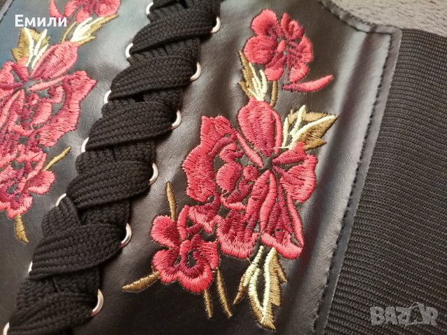 Колан/корсет за талия с бродерия цветя, имитация на кожа и ластик в черен цвят, снимка 6 - Корсети, бюстиета, топове - 41488677
