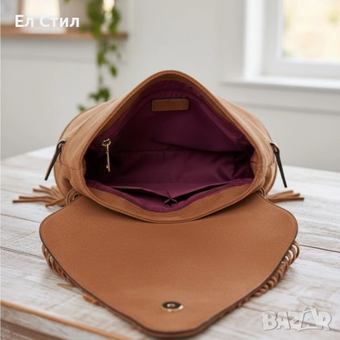 Дамска раница от еко к. с ресни – бохо стил, удобство и обем (36×30×16 см), снимка 5 - Раници - 53586055