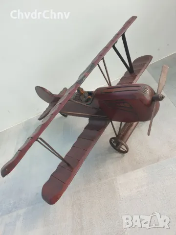 76см ръчна дърворезба фигура/стара голяма дървена играчка/самолет-биплан, снимка 2 - Антикварни и старинни предмети - 50301378