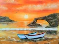 Морски залез,лодки и скали маслена картина , снимка 3