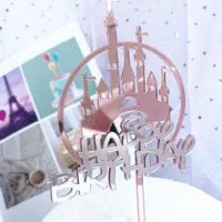 Замък на Дисни Happy Birthday розов сребро твърд топер за торта украса рожден ден , снимка 2 - Други - 25638227