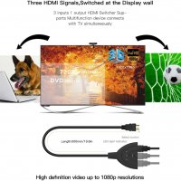 3-портов HDMI сплитер, 3xHDMI(f) -> HDMI(m), 3 входа - 1изход, (HD 1080P 3D HDTV, Blu-Ray, DVD, PS4/, снимка 4 - Кабели и адаптери - 36013499