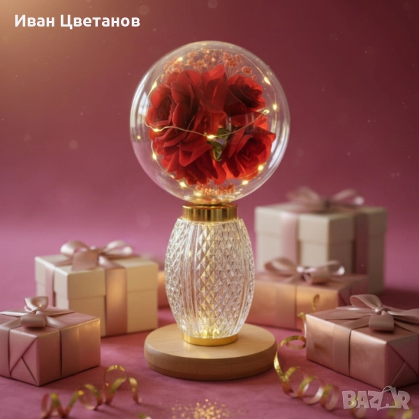 Декоративна лампа с червени рози и мека светлина – за топлина и хармония у дома, снимка 1