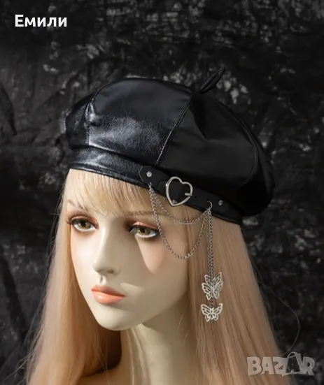Дамска кожена шапка барета в черен цвят, снимка 1