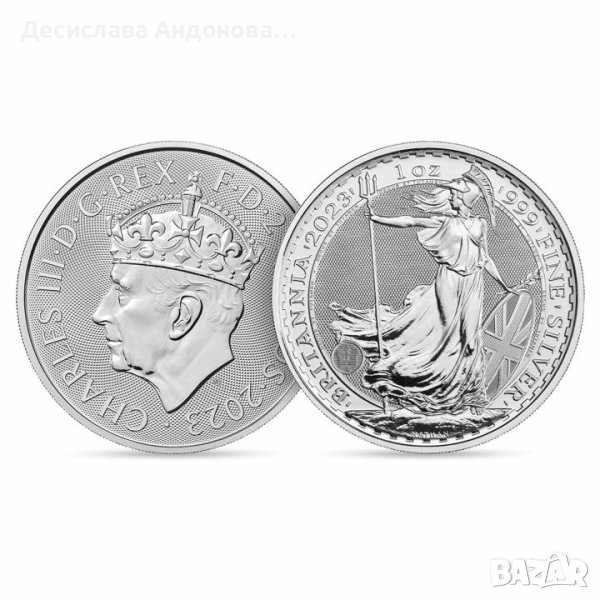 сребърна монета  1 oz оз британия britania чарлз с корона т инвестиционно сребро, снимка 1