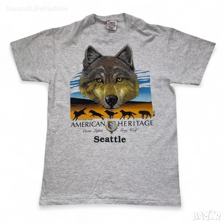 Тениска Oneita от 90-те, винтидж, рядка сив вълк Сиатъл размер M., снимка 1