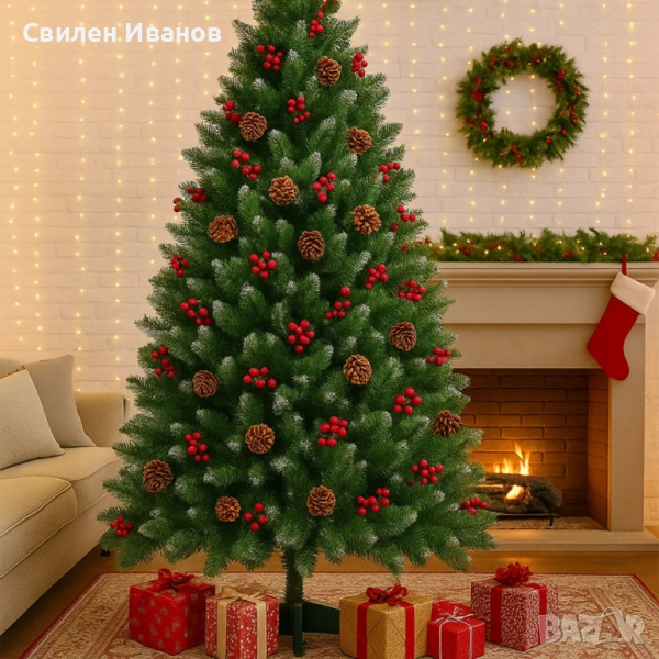 Изкуствена елха Luxury Diamond с червен глог и шишарки, снимка 1