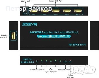 HDMI превключвател HDMI селекторен превключвател 5 порта HDR IR дистанционно 4K HDMI , снимка 1