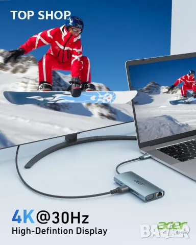 Acer USB C хъб с 4k HDMI, 9-в-1 USB C към Ethernet адаптер, 5Gbps USB-A 3.1 докинг станция, PD 100W, снимка 8 - Кабели и адаптери - 49451994