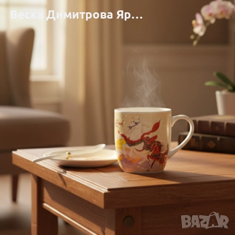 Подаръчен късметлийски порцеланов комплект – чаша, чинийка и лъжичка с празничен дизайн на коне, снимка 3 - Коледни подаръци - 52573850