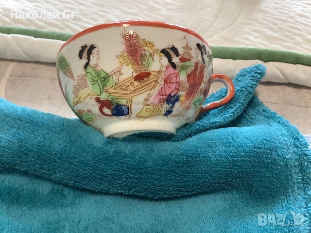 Комплект  чаша и чинийка  порцелан произведено в Япония ръчна изработка 1950 години цена за 2 броя, снимка 7 - Антикварни и старинни предмети - 53794775