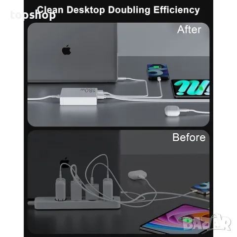 Чисто нова настолна зарядна станция 180W GaN с LCD дисплей и 6 порта  , снимка 2 - Оригинални зарядни - 55746560