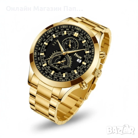 Мъжки кварцов часовник Hkun – сребрист или златист корпус, черен циферблат, календар, снимка 3 - Мъжки - 52348222