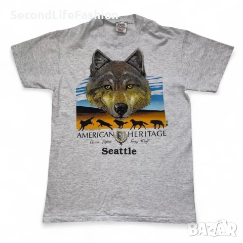 Тениска Oneita от 90-те, винтидж, рядка сив вълк Сиатъл размер M.