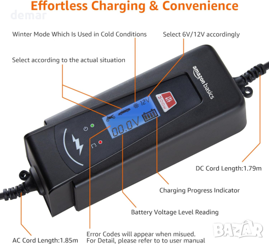 Amazon Basics 2A/4A Автоматично смарт 6V/12V зарядно устройство за батерии с функция за тестване, снимка 3 - Аксесоари и консумативи - 44518722