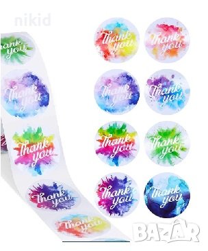 100 бр Thank you пъстри шарени самозалепващи лепенки стикери за ръчна изработка за подарък, снимка 2 - Други - 41865233