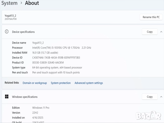 Таблет и Лаптоп 2в1 laptop Lenovo ThinkPad X13 Yoga - 13.3" -i5-10310U 1.7Ghz/RAM16GB/NVMe SSD 256GB, снимка 12 - Лаптопи за работа - 51836480