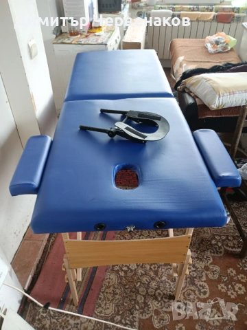 Синя сгъваема масажна кушетка 2 зони с дървена рамка VidaXL