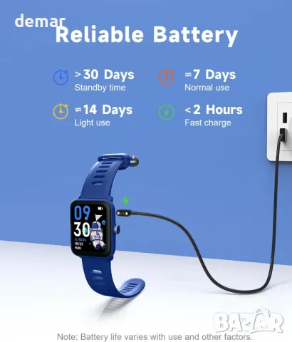 BIGGERFIVE Смарт часовник за деца, крачкомер, сърдечен ритъм, 5ATM водоустойчив, монитор за сън, син, снимка 6 - Смарт часовници - 48498939