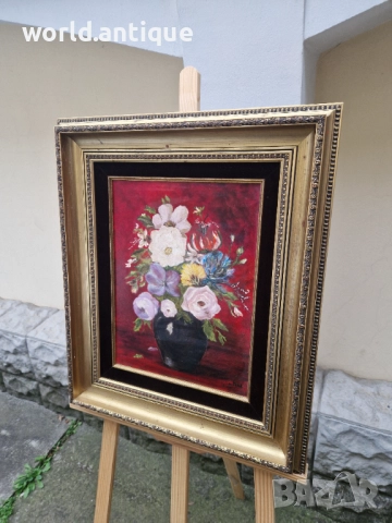 Красив антикварен авторски натюрморт масло върху платно , снимка 5 - Картини - 52990853
