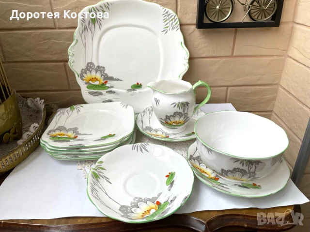 Красив комплект с водна лилия от фин костен порцелан от Англия, снимка 5 - Антикварни и старинни предмети - 50607706