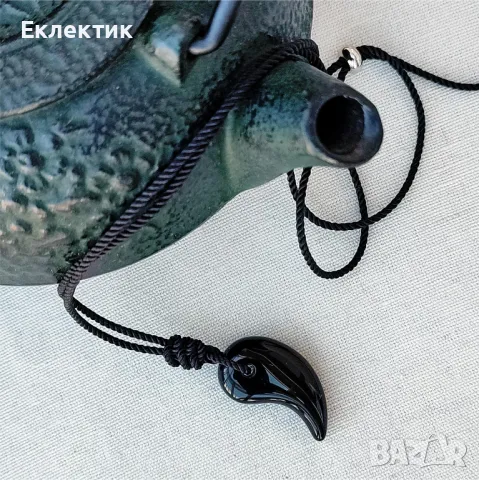 Колиета с голяма магатама от обсидиан и миланска корда, снимка 5 - Колиета, медальони, синджири - 48126733